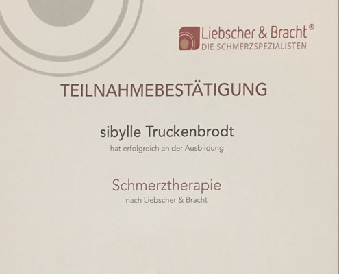 Schmerztherapie Hamburg Teilnahmebestätigung Sibylle Truckenbrodt Ausbildung Schmerztherapie bei Liebscher & Bracht
