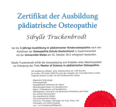 Zertifikat-Osteopath Zertifikat der Ausbildung pädiatrische Osteopathie von Sibylle Truckenbrodt